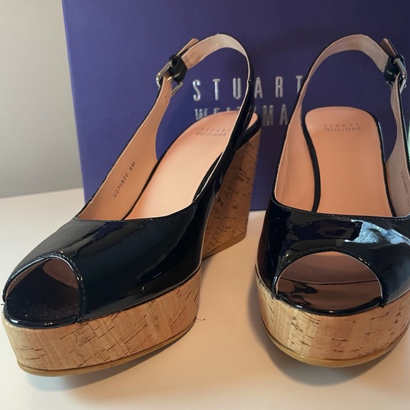 Stuart Weitzman Black patent leather and cork wedges